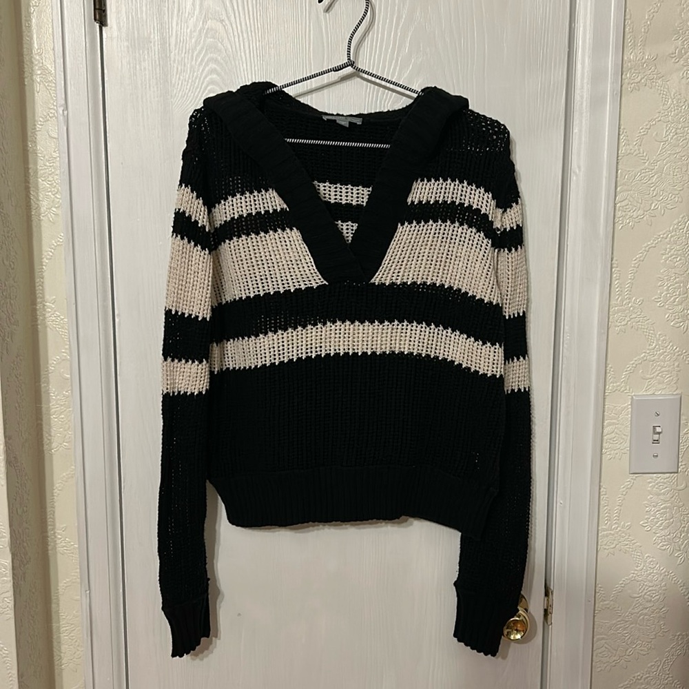 James Perse Cotton Linen Striped Open Knit Hoodie Sweater Size 3